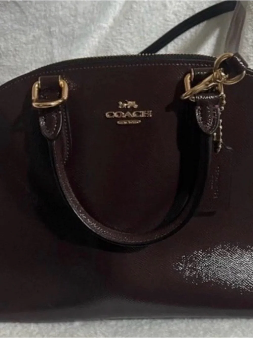 Coach Oxblood Quinn Patent Crossgrain  Leather Satchel.